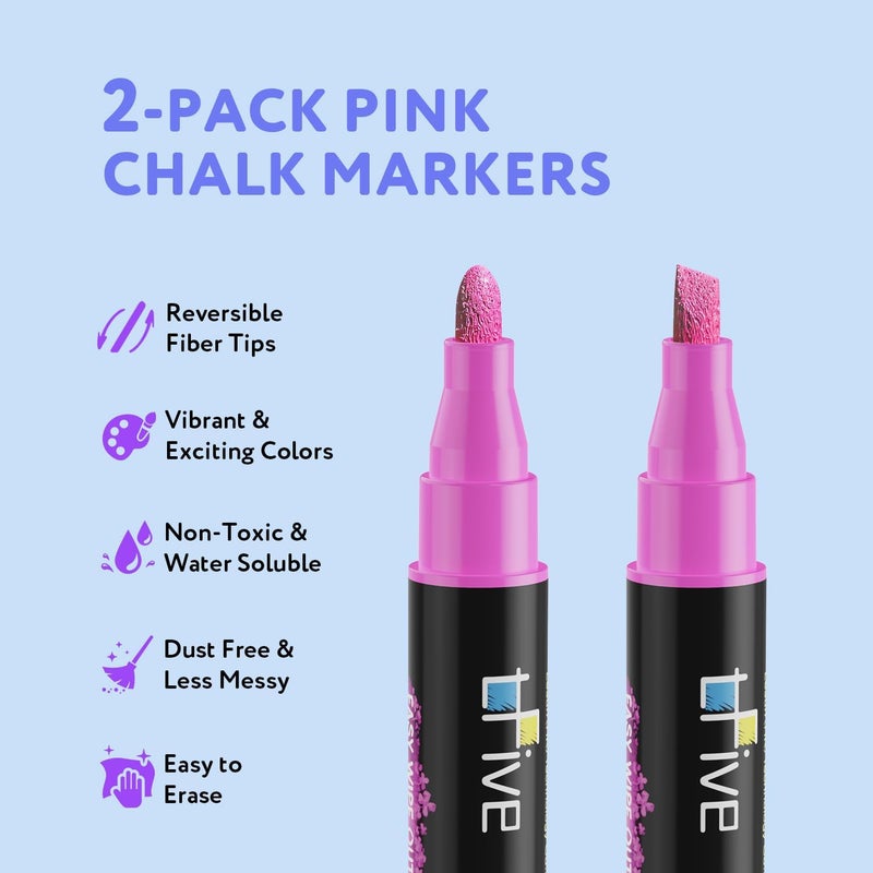 TFIVE Pink Liquid Chalk Markers - 2 Pack Bright Colors Erasable Chalk Marker Pens, Reversible Tip, Non-Toxic, for Chalkboards, Signs, Glass, Easy to use Chalk markers TF800 - Image 2